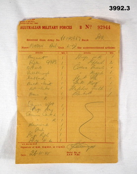 Document relating to kit issue handed in WW2
