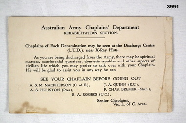 Card with list of Army Chaplains AIF WW2