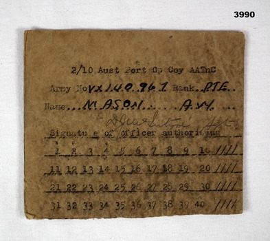 Numbered card 1 to 40 AIF WW2
