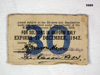 NSW railway ticket military use 1942
