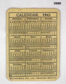 Small wallet or pocket calendar 1943