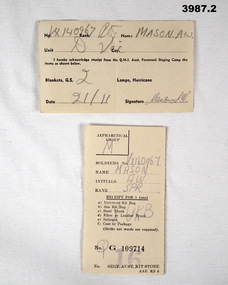 Australian military receipts for kit items WW2