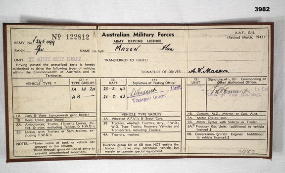 Military drivers licence AIF WW2