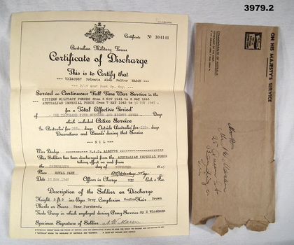 Certificate of discharge and envelope AIF WW2