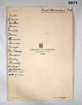 Rear page with names down on side.