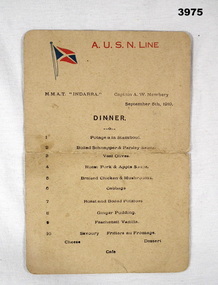 HMAT ships menu on return to Australia 1919.