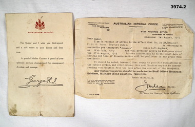Letters re the King and returning to Australia WW1.