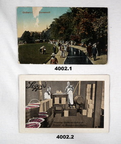 Two colour postcards, one an outdoor scene near a canal.  The second in a preserving factory.