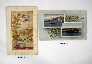 Two postcards with silk and embroidery.