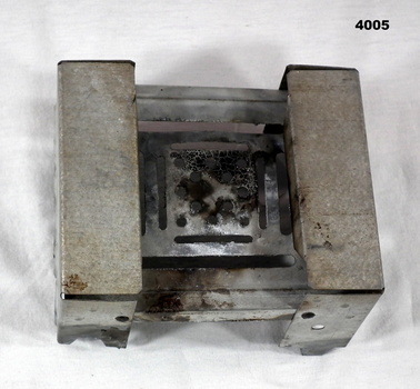 Hexamine stove made from galvanised tin.