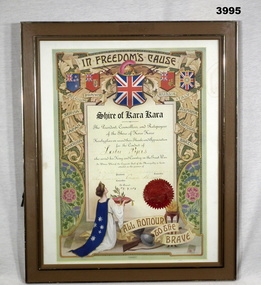 Certificate from the Shire of Kara Kara WW1