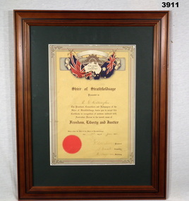 Shire certificate from Strathfieldsaye re WW2.