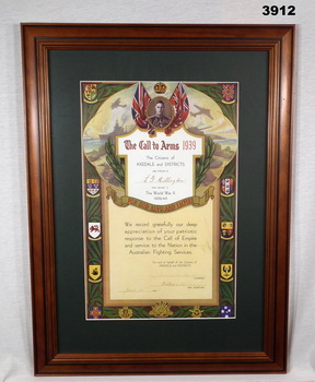 Shire certificate Axedale area issued WW2.