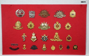 A variety of military badges mounted on red felt.
