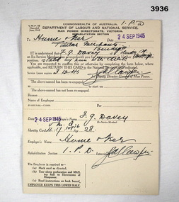 Document relating to returning to employment WW2
