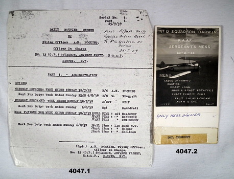 Documents re mess dinner and duty roster RAAF.