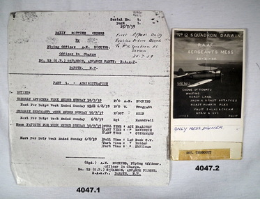 Documents re mess dinner and duty roster RAAF.