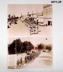 Two photos re soldiers marching through bendigo.