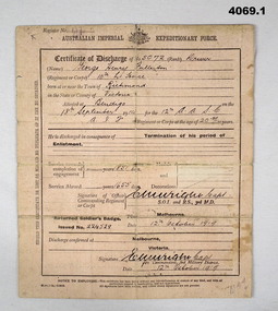 Discharge certificate of a Light Horse soldier WW1.
