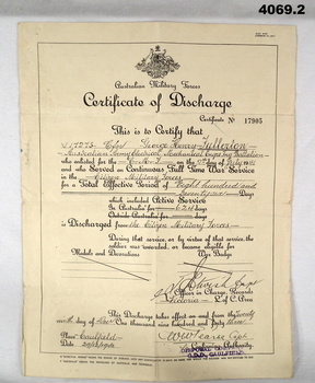 Discharge certificate of a WW2 CMF soldier.