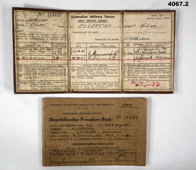 Soldiers drivers licence and Demobilization book.