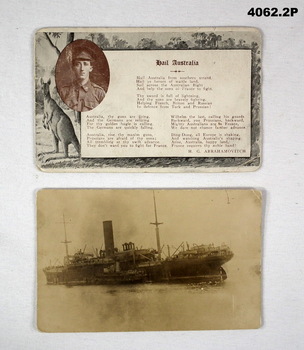 Two postcards re a poem and a transport ship.