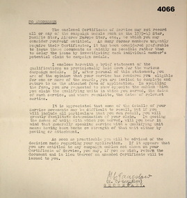 Letter relating to the issue of medals WW2