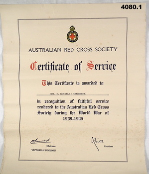 Certificate awarded by the Red Cross Society.