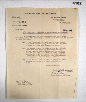 Letter regarding termination of appointment RAAF