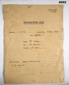 Navigation Log sheet RAAF WW2 era