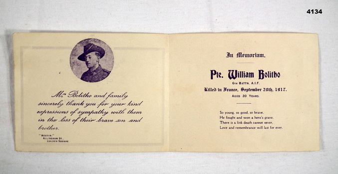 Sympathy card re a soldier 6th Batt AIF