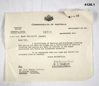Documents, certificates relating RAAF service WW2