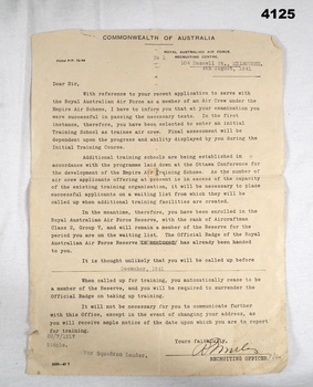 Letter regarding an enlistment in the RAAF WW2