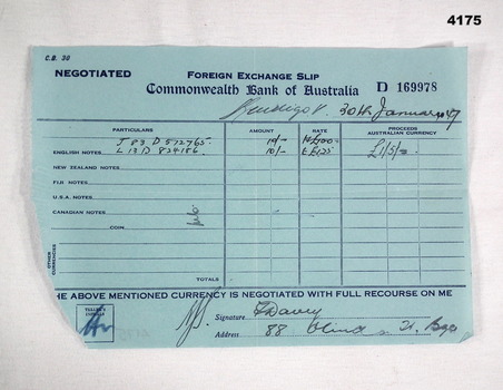 Foreign exchange document English to Australian Pounds