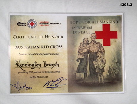 Certificate issued to Kennington Red Cross.
