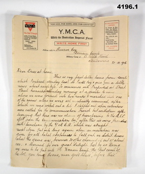 Letter on YMCA Stationary AIF WW1