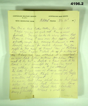 Letter on Australian Military Church stationary AIF WW1