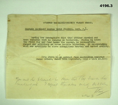 Award details re DFC AIF WW1