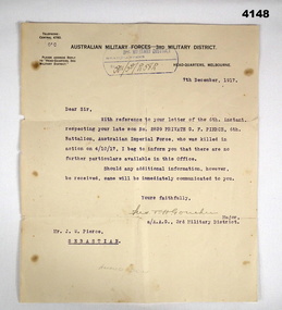 Letter - AUSTRALIAN MILITARY FORCES LETTER, 7.12.1917