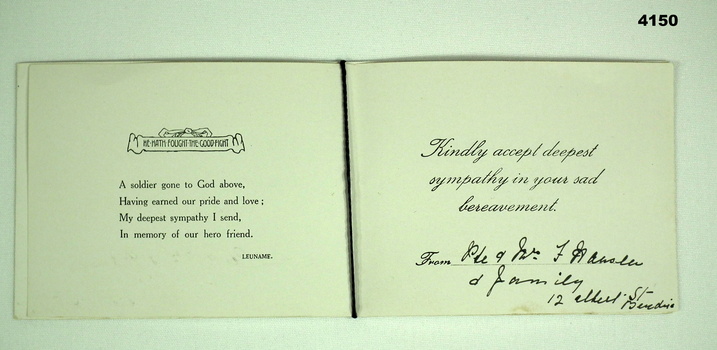 Sympathy card re Frederick Pierce.