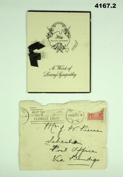 Sympathy card for an AIF soldier KIA