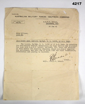 Letter relating to enlistment for Home service WW2