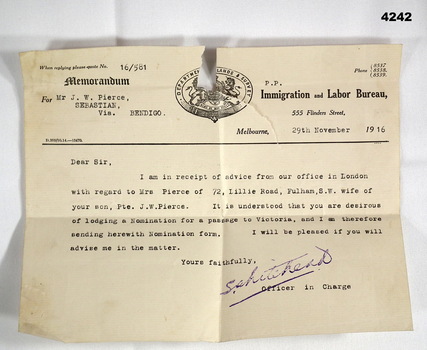 Letter regarding passage to Australia in 1916