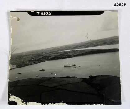 Aerial photograph showing a hospital ship.