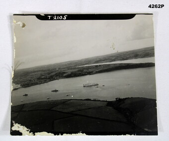 Aerial photograph showing a hospital ship.