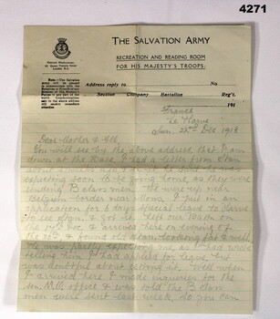 Personal letter on Salvation Army letterhead - page one.