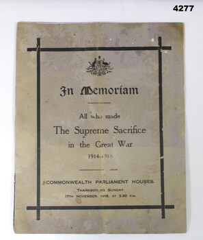 In Memoriam Booklet service Parliament House