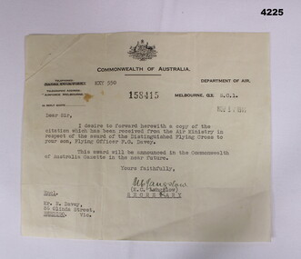 Letter accompanying Distinguished Flying Cross Citation