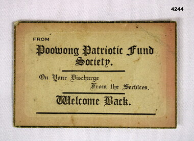 Welcome back card from Poowong WW2