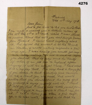 Personal letter from France May 1918